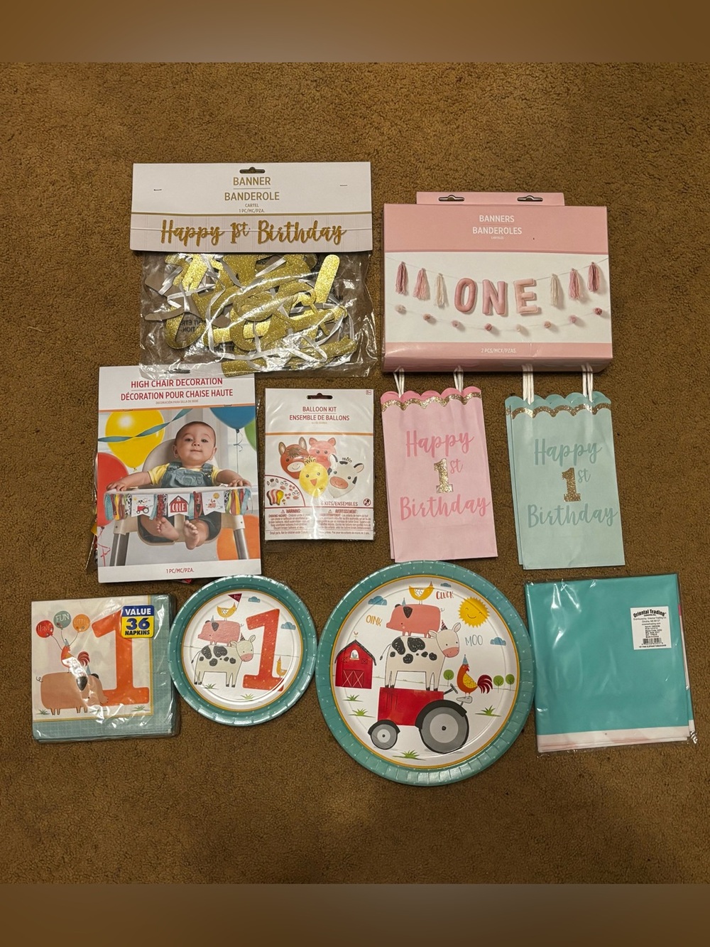 Happy 1st Birthday Barnyard Party Supplies - Pink, Teal, & Gold